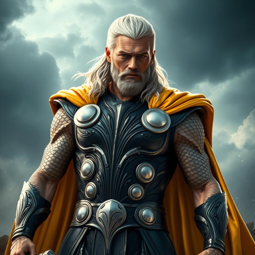 An imposing figure of Thor, depicted in a striking light black and silver costume, showcasing intricate designs and textures