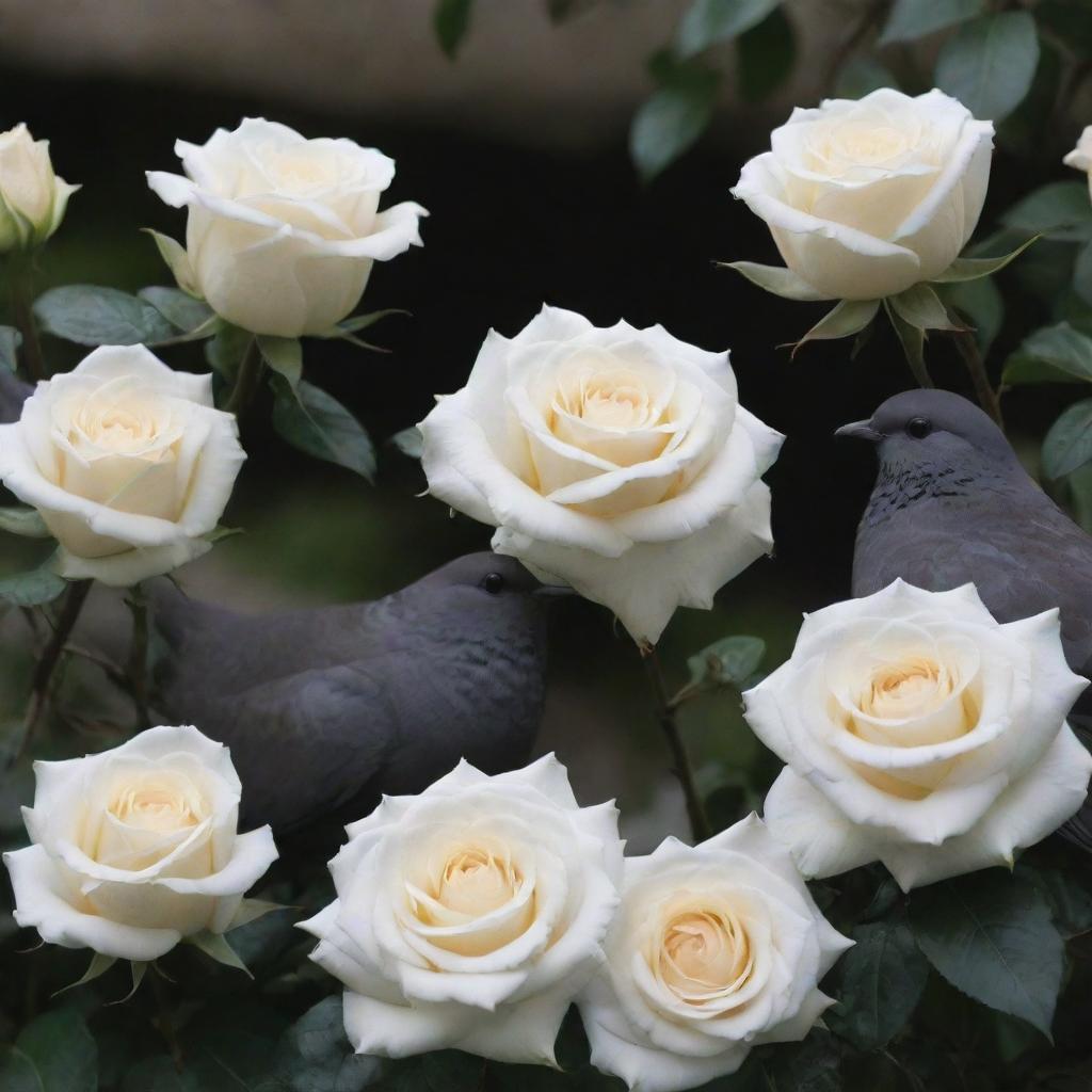 A stark contrast between elegant white roses and enigmatic black doves in a peaceful environment.