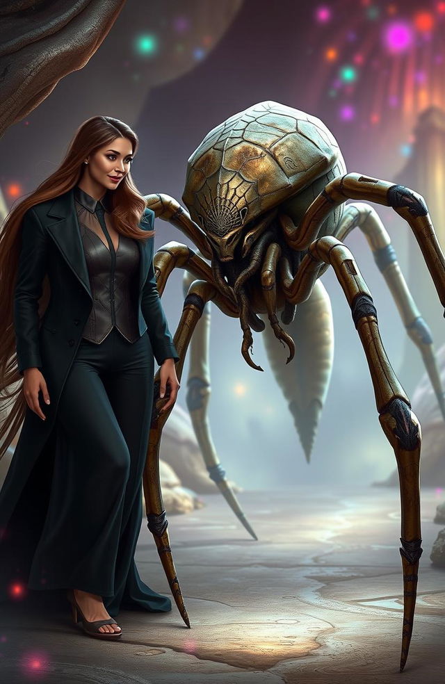 A half spider monster humanoid next to a brown-skinned male character, showcasing a unique blend of human and spider features, with large, elegant legs and intricate web patterns on its skin