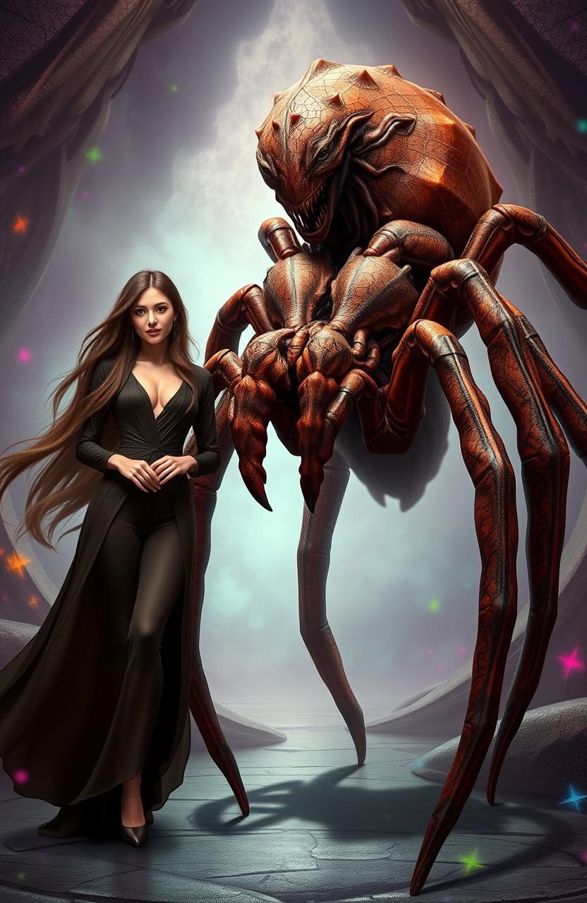A half spider monster humanoid next to a brown-skinned male character, showcasing a unique blend of human and spider features, with large, elegant legs and intricate web patterns on its skin