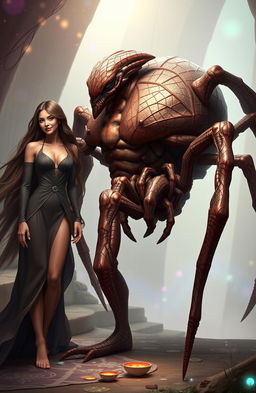 A half spider monster humanoid next to a brown-skinned male character, showcasing a unique blend of human and spider features, with large, elegant legs and intricate web patterns on its skin