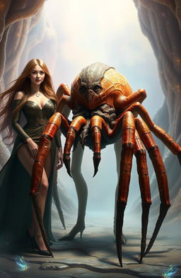 A half spider monster humanoid next to a brown-skinned male character, showcasing a unique blend of human and spider features, with large, elegant legs and intricate web patterns on its skin