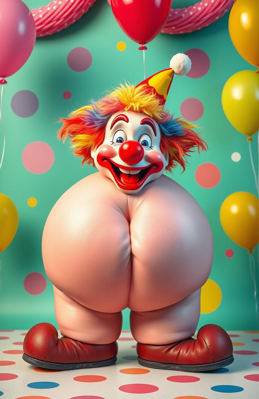 A surreal and playful image featuring a large, exaggerated cartoon-style butt as the central focus, with a colorful clown head humorously emerging from the top