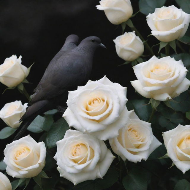 A stark contrast between elegant white roses and enigmatic black doves in a peaceful environment.