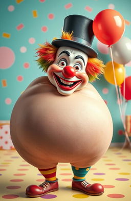 A surreal and playful image featuring a large, exaggerated cartoon-style butt as the central focus, with a colorful clown head humorously emerging from the top