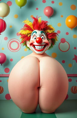 A surreal and playful image featuring a large, exaggerated cartoon-style butt as the central focus, with a colorful clown head humorously emerging from the top