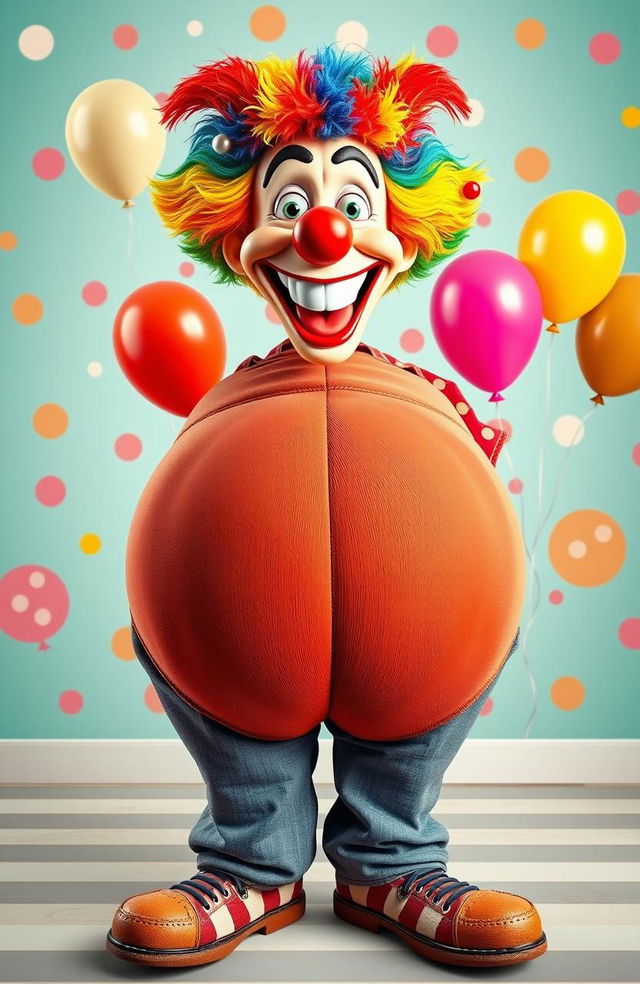 A surreal and playful image featuring a large, exaggerated cartoon-style butt as the central focus, with a colorful clown head humorously emerging from the top