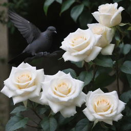 A stark contrast between elegant white roses and enigmatic black doves in a peaceful environment.