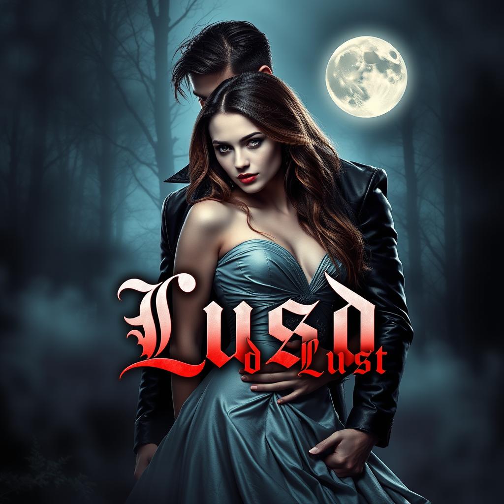 An artistic book cover for a fictional novel titled 'Blood Lust', inspired by the themes of 'Vampire Diaries' and 'Twilight'