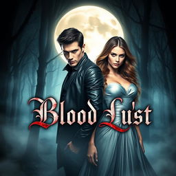 An artistic book cover for a fictional novel titled 'Blood Lust', inspired by the themes of 'Vampire Diaries' and 'Twilight'