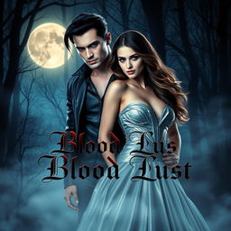 An artistic book cover for a fictional novel titled 'Blood Lust', inspired by the themes of 'Vampire Diaries' and 'Twilight'
