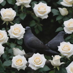 A stark contrast between elegant white roses and enigmatic black doves in a peaceful environment.