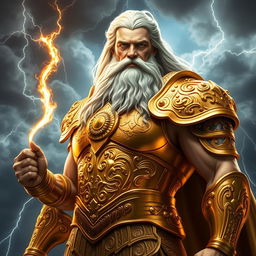 A hyper-realistic depiction of Zeus, the Greek god of thunder, in an impressive suit of golden armor that glistens with intricate designs and patterns