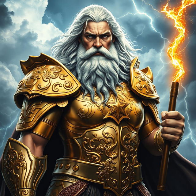 A hyper-realistic depiction of Zeus, the Greek god of thunder, in an impressive suit of golden armor that glistens with intricate designs and patterns