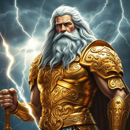 A hyper-realistic depiction of Zeus, the Greek god of thunder, in an impressive suit of golden armor that glistens with intricate designs and patterns