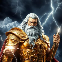 A hyper-realistic depiction of Zeus, the Greek god of thunder, in an impressive suit of golden armor that glistens with intricate designs and patterns