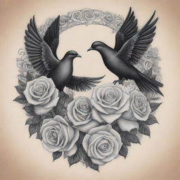 A beautifully intricate tattoo design featuring white roses intertwined with black doves, conveying peace and mystery.