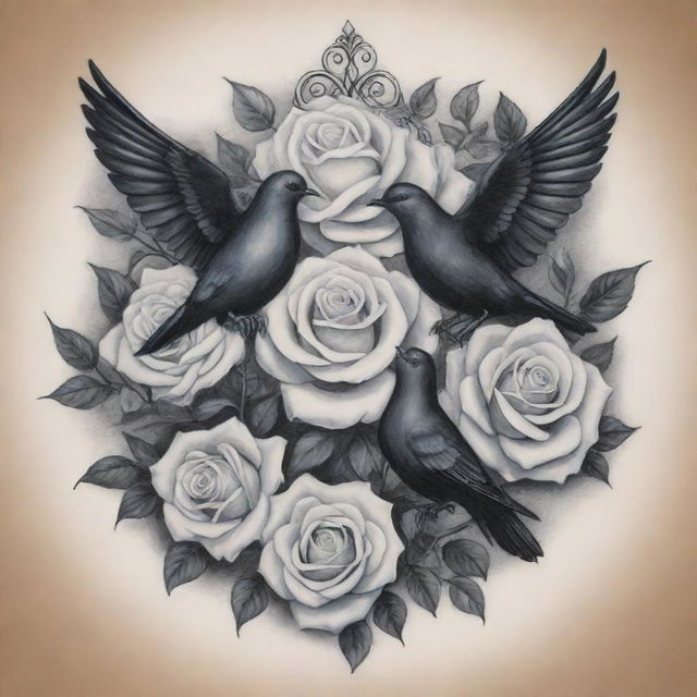 A beautifully intricate tattoo design featuring white roses intertwined with black doves, conveying peace and mystery.