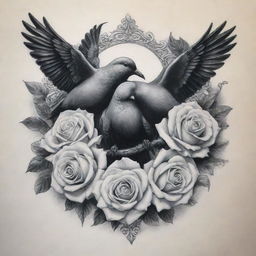 A beautifully intricate tattoo design featuring white roses intertwined with black doves, conveying peace and mystery.