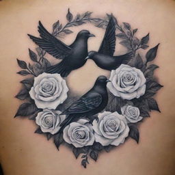 A beautifully intricate tattoo design featuring white roses intertwined with black doves, conveying peace and mystery.