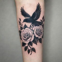 An intricate tattoo running along the arm, featuring vibrant white roses intertwined with striking black doves, symbolizing tranquility and mystery.