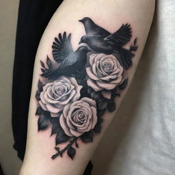 An intricate tattoo running along the arm, featuring vibrant white roses intertwined with striking black doves, symbolizing tranquility and mystery.