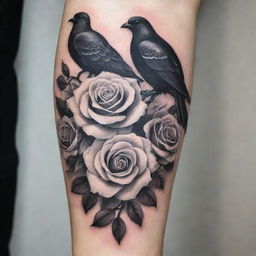 An intricate tattoo running along the arm, featuring vibrant white roses intertwined with striking black doves, symbolizing tranquility and mystery.