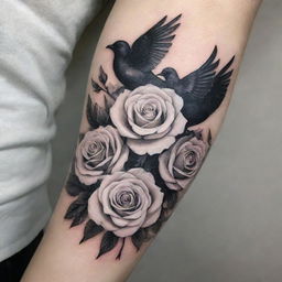 An intricate tattoo running along the arm, featuring vibrant white roses intertwined with striking black doves, symbolizing tranquility and mystery.