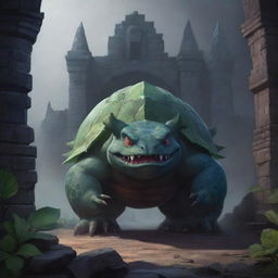 Conceptual 2D artwork showcasing a dark representation of Venusaur in a Dark Age setting. The mythical creature hulks amid the gloomy, stone-crafted structures characteristic of the epoch, exuding an eerie, ancient aura.