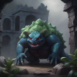 Conceptual 2D artwork showcasing a dark representation of Venusaur in a Dark Age setting. The mythical creature hulks amid the gloomy, stone-crafted structures characteristic of the epoch, exuding an eerie, ancient aura.