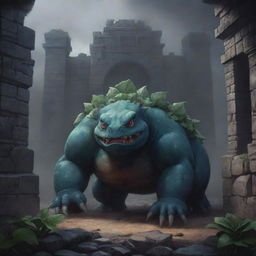 Conceptual 2D artwork showcasing a dark representation of Venusaur in a Dark Age setting. The mythical creature hulks amid the gloomy, stone-crafted structures characteristic of the epoch, exuding an eerie, ancient aura.