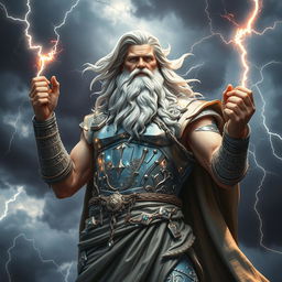 A hyper-realistic depiction of Zeus, the Greek god of thunder, standing majestically in the midst of a storm