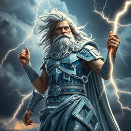 A hyper-realistic depiction of Zeus, the Greek god of thunder, standing majestically in the midst of a storm