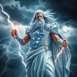 A hyper-realistic depiction of Zeus, the Greek god of thunder, standing majestically in the midst of a storm