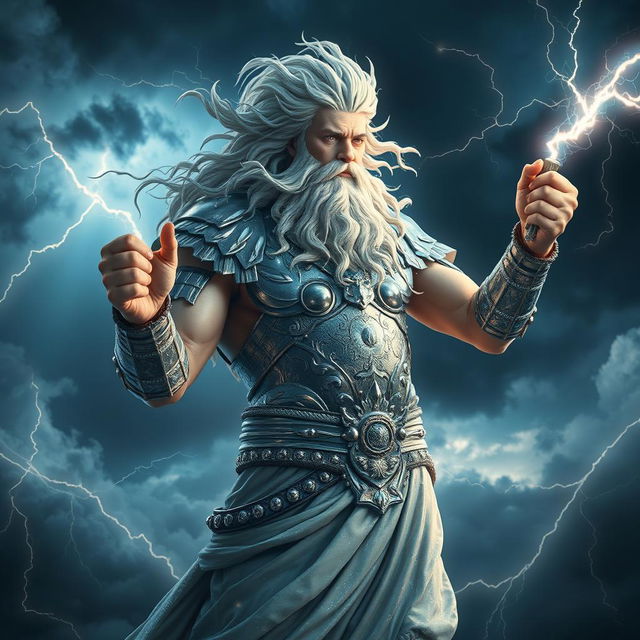 A hyper-realistic depiction of Zeus, the Greek god of thunder, standing majestically in the midst of a storm