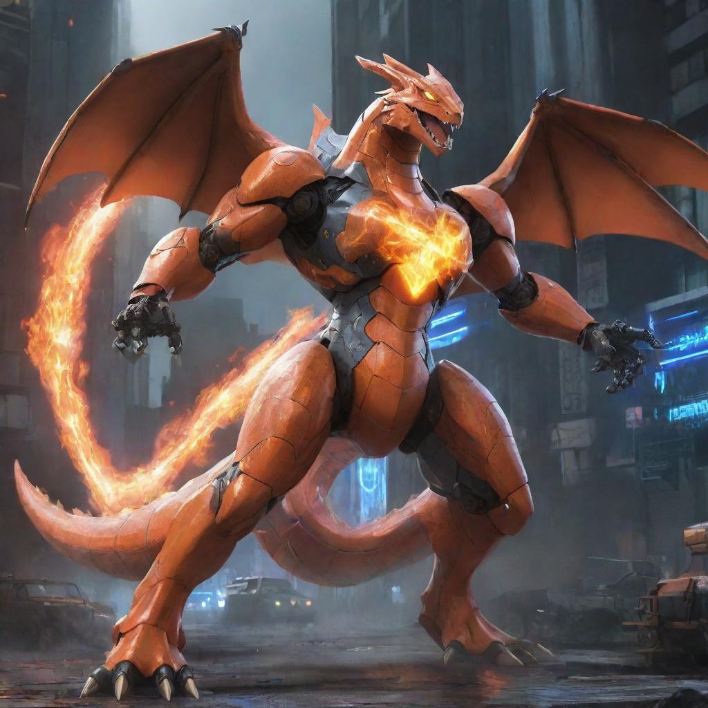 2D conceptual artwork portraying a Charizard transformed into a super mecha. It possesses immense power, with metallic scales, glowing lights, and state-of-the-art weaponry. The setting is sci-fi inspired, filled with futuristically dystopian elements