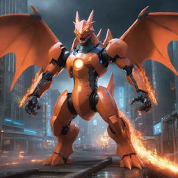 2D conceptual artwork portraying a Charizard transformed into a super mecha. It possesses immense power, with metallic scales, glowing lights, and state-of-the-art weaponry. The setting is sci-fi inspired, filled with futuristically dystopian elements