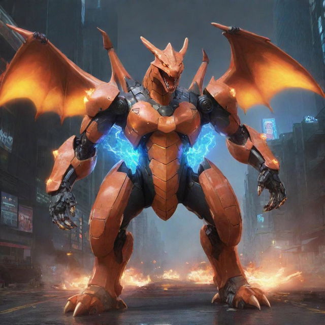 2D conceptual artwork portraying a Charizard transformed into a super mecha. It possesses immense power, with metallic scales, glowing lights, and state-of-the-art weaponry. The setting is sci-fi inspired, filled with futuristically dystopian elements