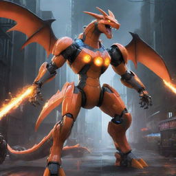 2D conceptual artwork portraying a Charizard transformed into a super mecha. It possesses immense power, with metallic scales, glowing lights, and state-of-the-art weaponry. The setting is sci-fi inspired, filled with futuristically dystopian elements