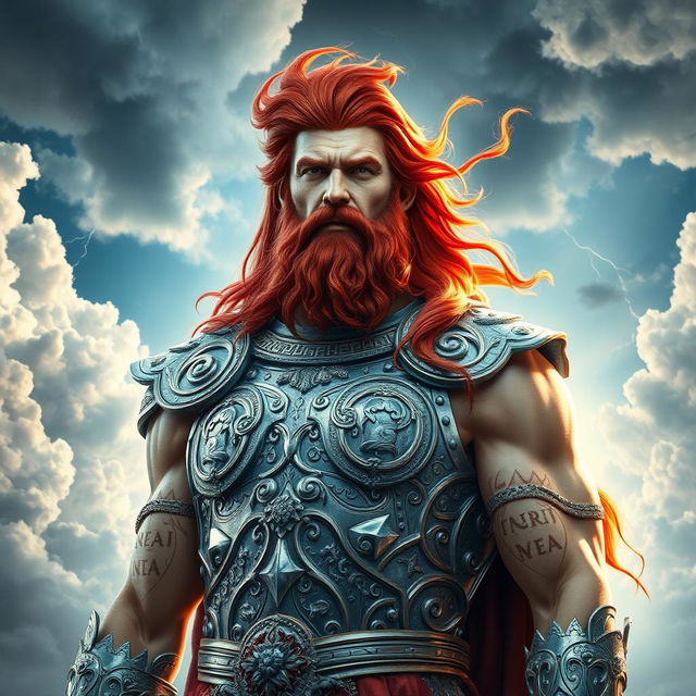 A hyper-realistic depiction of Zeus, the Greek god, featuring striking red hair that flows majestically