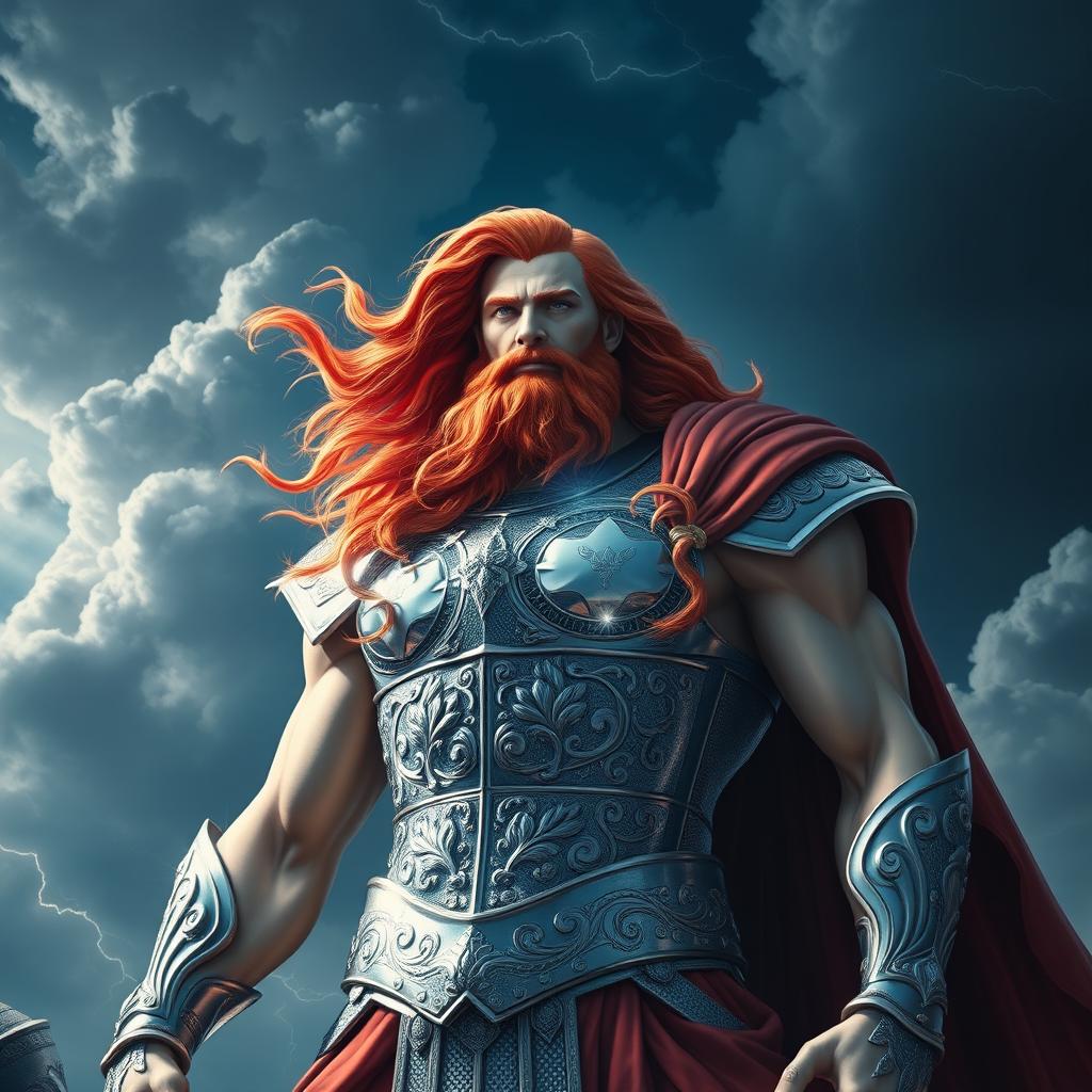 A hyper-realistic depiction of Zeus, the Greek god, featuring striking red hair that flows majestically