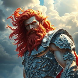 A hyper-realistic depiction of Zeus, the Greek god, featuring striking red hair that flows majestically
