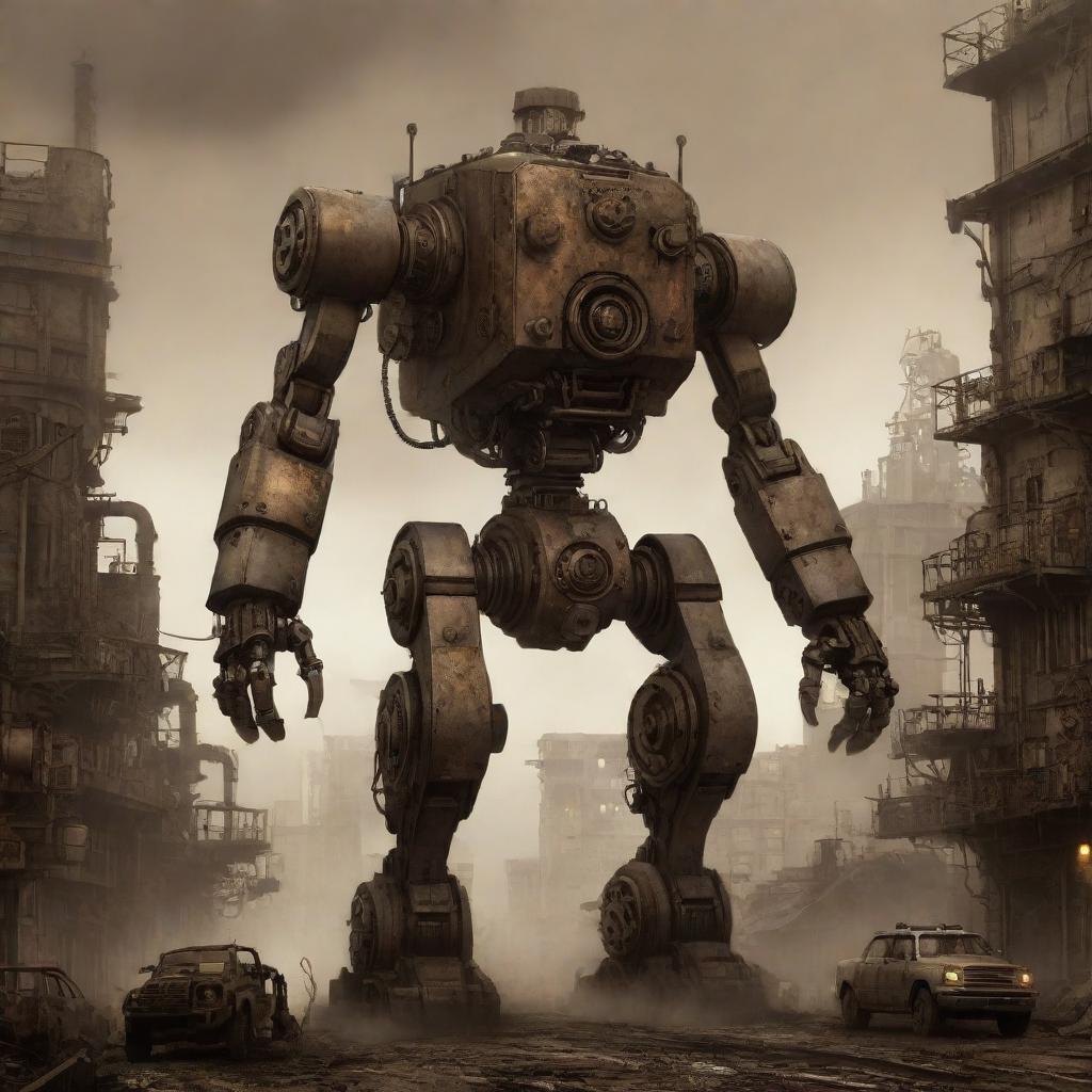 2D concept art of a Diesel Punk style mecha; a fusion of rustic metal, exposed gears, and steam-powered mechanisms against a backdrop of an early industrial city enveloped in grubby smog and the glow of dim, sepia light.