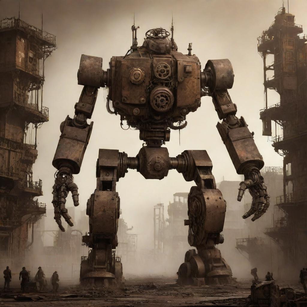 2D concept art of a Diesel Punk style mecha; a fusion of rustic metal, exposed gears, and steam-powered mechanisms against a backdrop of an early industrial city enveloped in grubby smog and the glow of dim, sepia light.