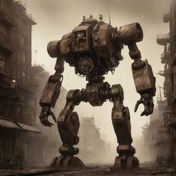 2D concept art of a Diesel Punk style mecha; a fusion of rustic metal, exposed gears, and steam-powered mechanisms against a backdrop of an early industrial city enveloped in grubby smog and the glow of dim, sepia light.