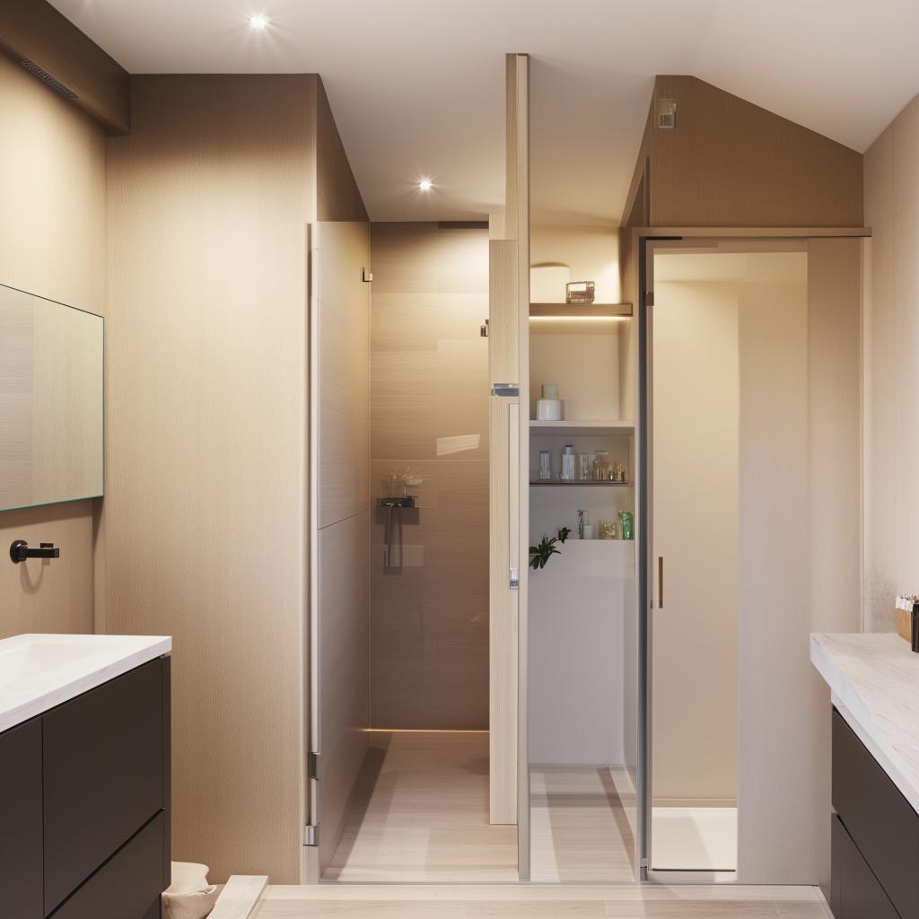 Detailed and contemporary one-bedroom design with a well-organized shower and toilet space. Incorporate soft hues, sleek fixtures and optimize for natural light.