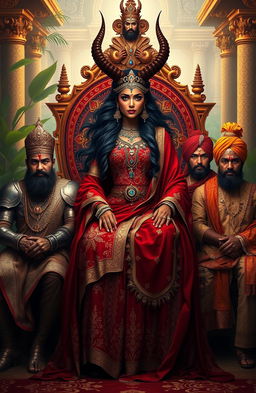 A stunning depiction of a Demon Princess seated on an ornate throne, adorned in luxurious Indian Ancient clothing with intricate patterns, gemstone embellishments, and a flowing veil