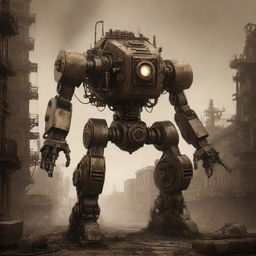 2D concept art of a Diesel Punk style mecha; a fusion of rustic metal, exposed gears, and steam-powered mechanisms against a backdrop of an early industrial city enveloped in grubby smog and the glow of dim, sepia light.