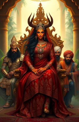 A stunning depiction of a Demon Princess seated on an ornate throne, adorned in luxurious Indian Ancient clothing with intricate patterns, gemstone embellishments, and a flowing veil