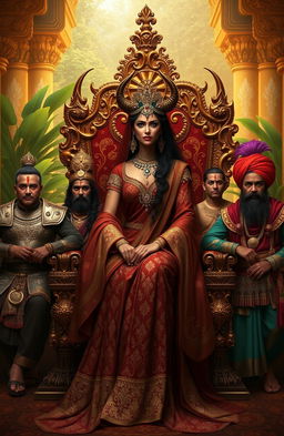 A stunning depiction of a Demon Princess seated on an ornate throne, adorned in luxurious Indian Ancient clothing with intricate patterns, gemstone embellishments, and a flowing veil